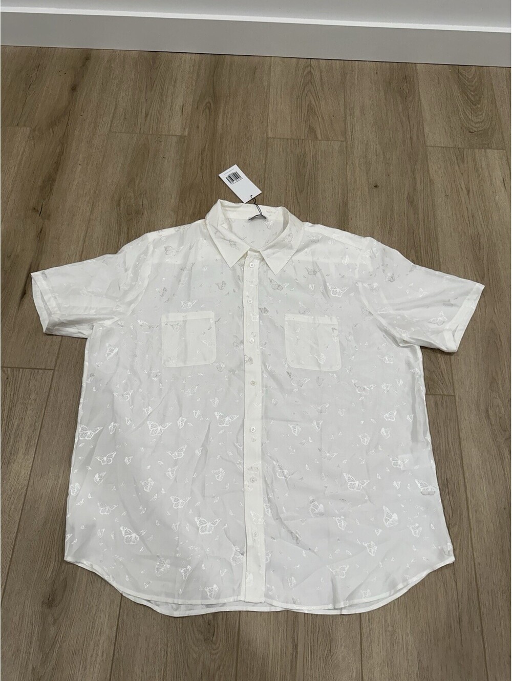NWT Silk Laundry Boyfriend Shirt XL White Silk Short Sleeve Monarch Jacquard